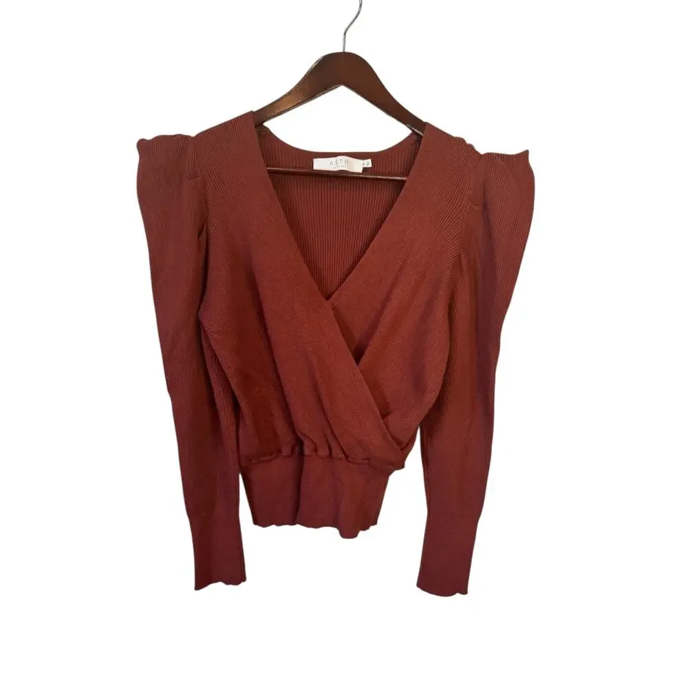 ASTR THE LABEL Suki Puff Shoulder Sweater Rust Orange Size Med Surplice Revolve - Picture 2 of 7